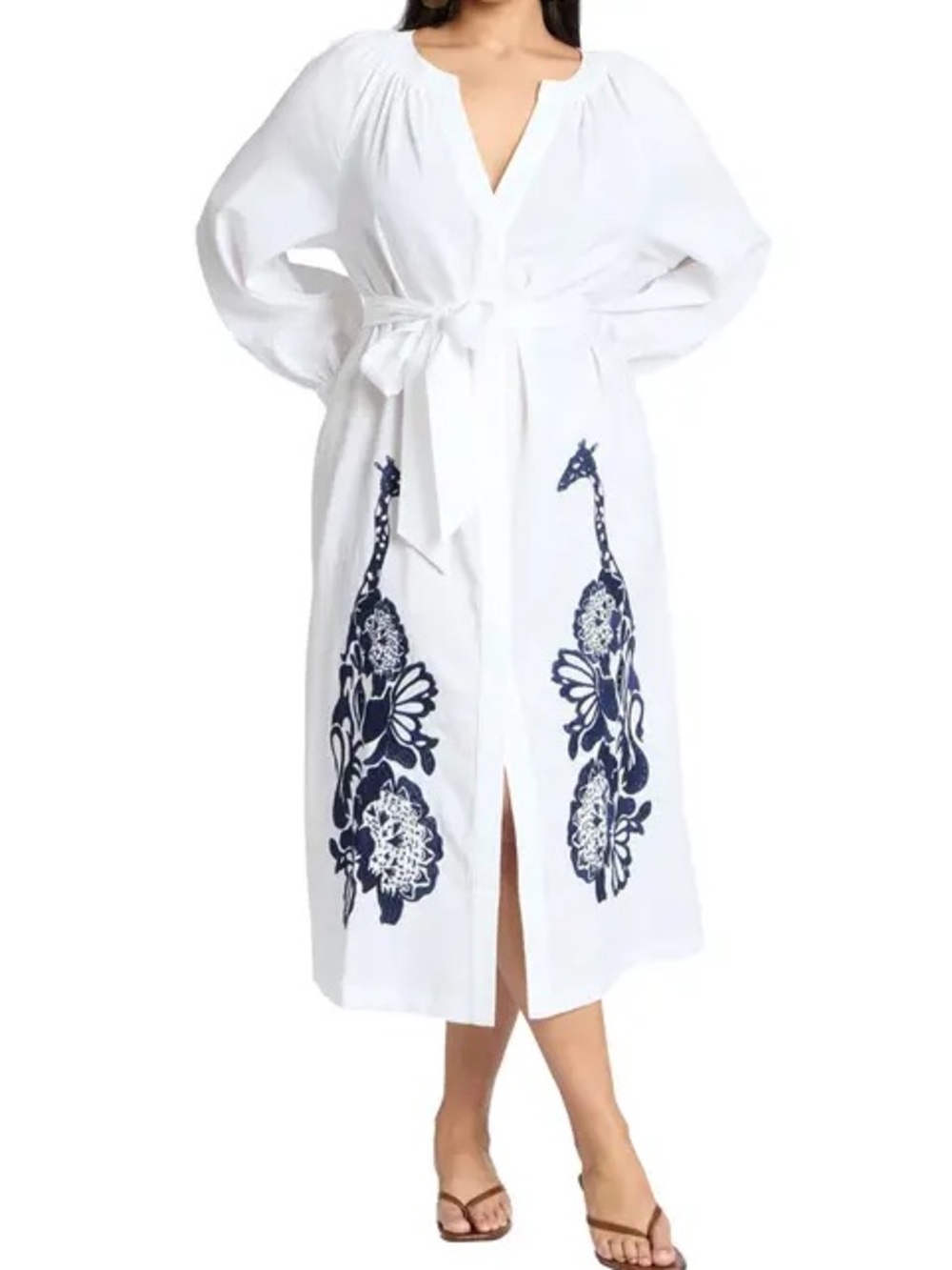 Eloquii White Midi Dress with Navy Giraffe Floral Embroidery